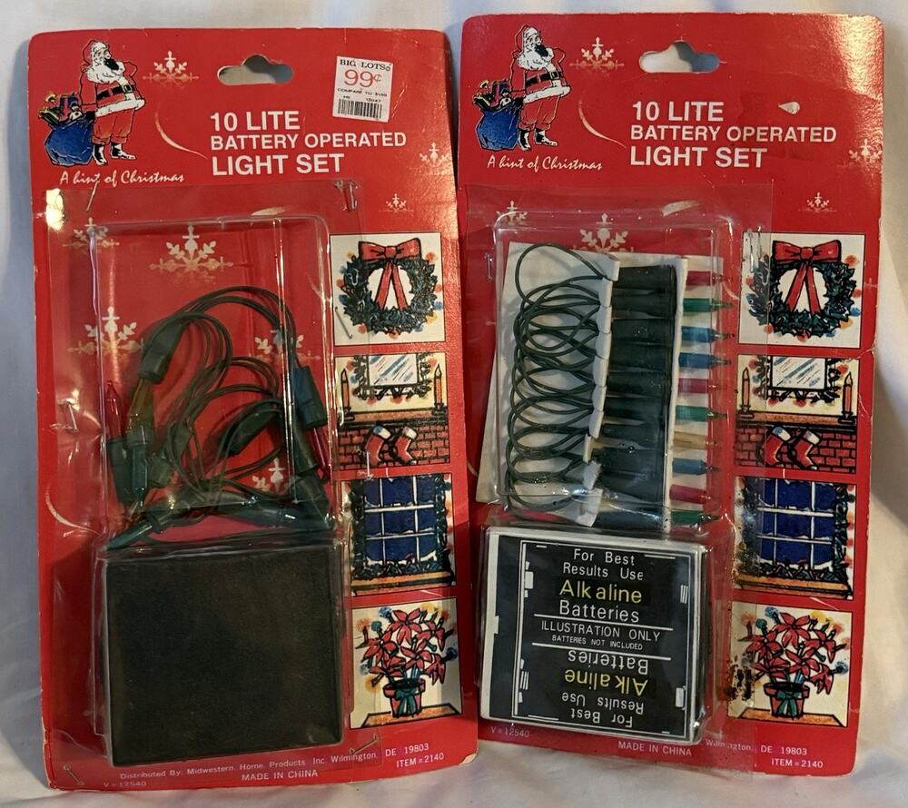 Lot/2 VTG NOS 10-Lite Battery-Operated Color Mini Christmas String Light Sets